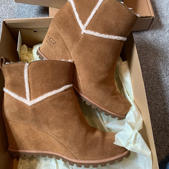 UGG Chestnut Suede Wedge Ankle Boots with Shearling Trim - Picture 7 of 7